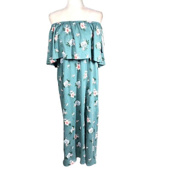 O'Neill Dress Womens 2X Green Floral Ruffle Kole Strapless Off Shoulder Maxi - Picture 5 of 13